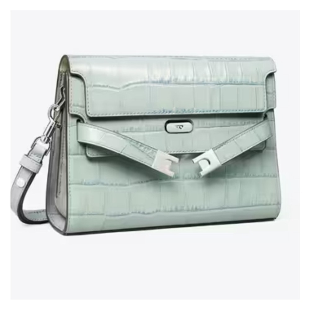 Tory Burch Lee Radziwill Ice Blue Croc-Embossed Shoulder Bag